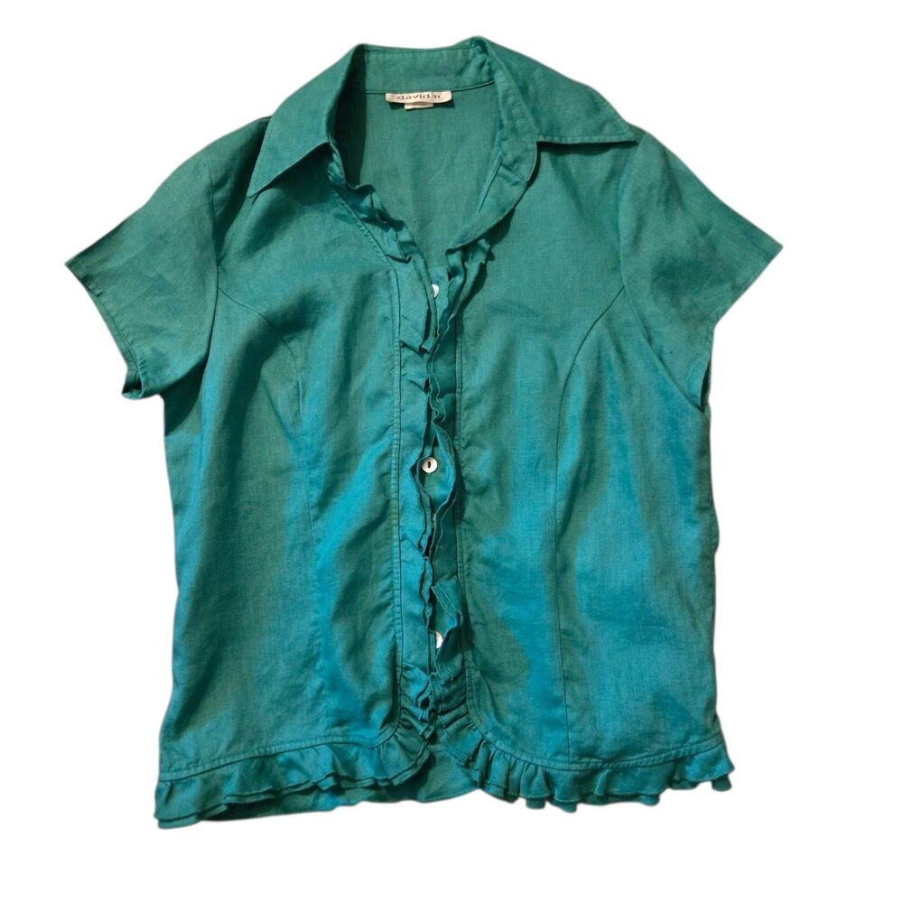 VTG David N 100% Linen Medium Button Up Top Green Coastal Beachy Vacation Cruise